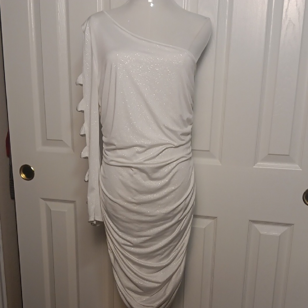 Charlotte Russe One-Shoulder White Dress with Cut-Out Sleeve With Silver Sparkle - Picture 4 of 10